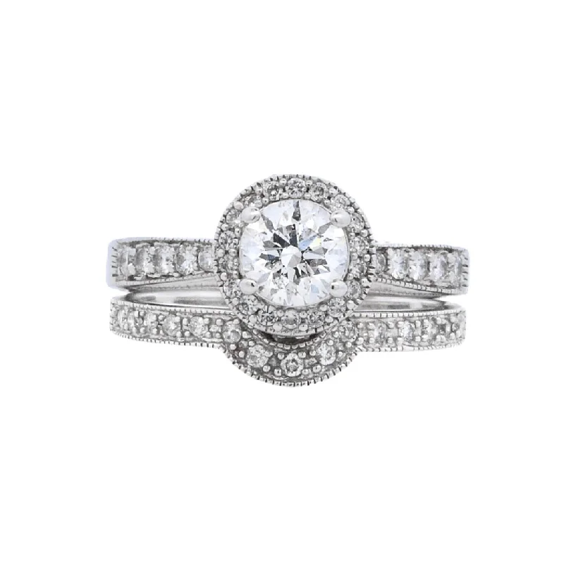 Affordable platinum engagement rings with diamonds-14K White Round Diamond 0.71Ct Halo Engagement Ring