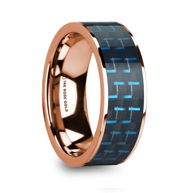 Unique rose gold ladies rings-Black & Blue Carbon Fiber Inlay 14k Rose Gold Men's Wedding Band