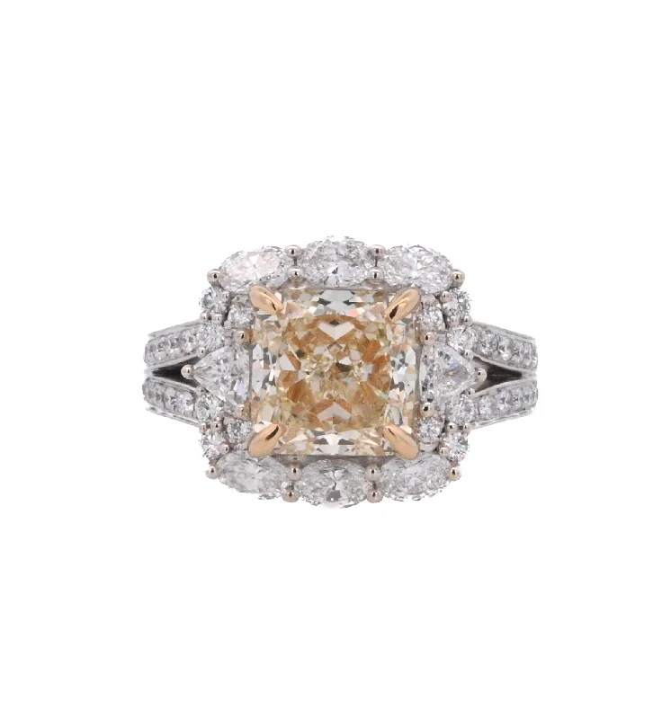 Engagement rings with hidden halos-18K Two- Tone Cushion Yellow Diamond 4.02Ct Halo Engagement Ring