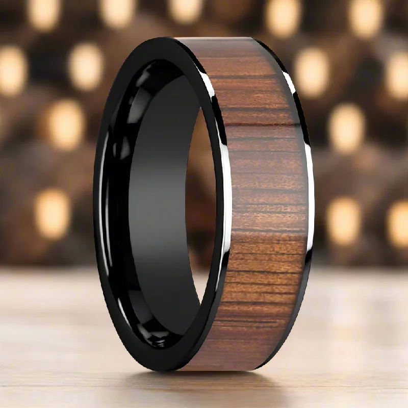 Heart shaped ladies rings-ATREUS | Black Ceramic Ring, Koa Wood Inlay, Flat