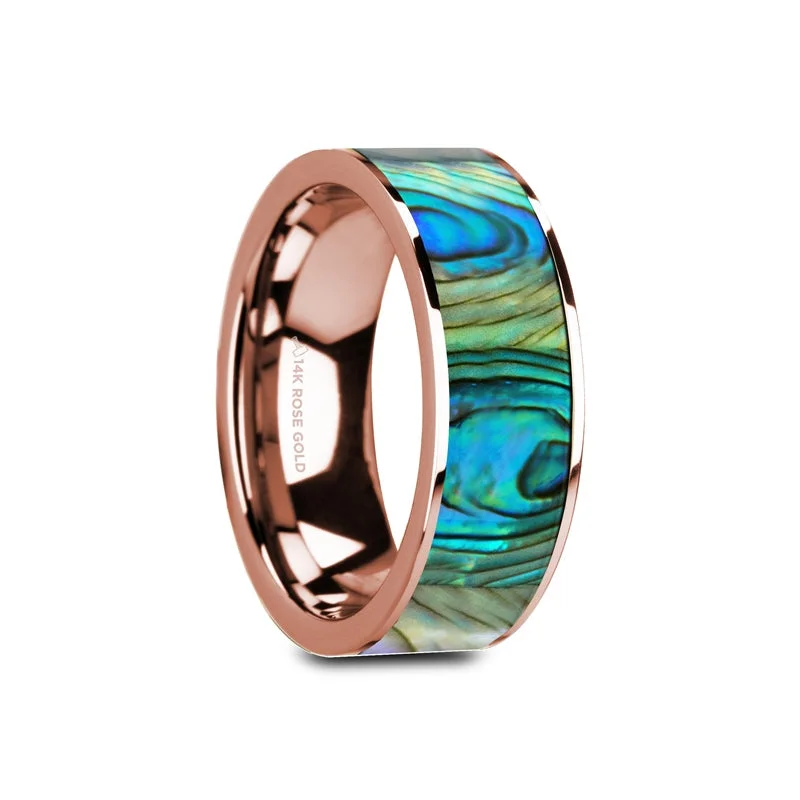 Designer ladies rings for special occasions-Mother of Pearl Inlay 14k Rose Gold Men's Wedding Band