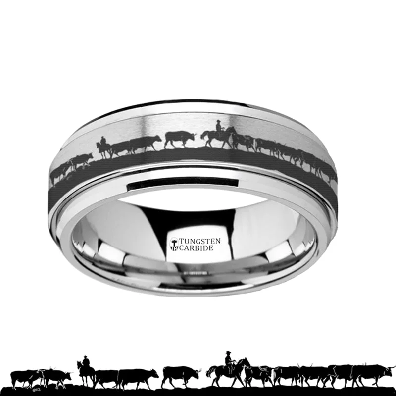 Multi-stone ladies rings-Herding Cattle Engraved Spinner Tungsten Wedding Band