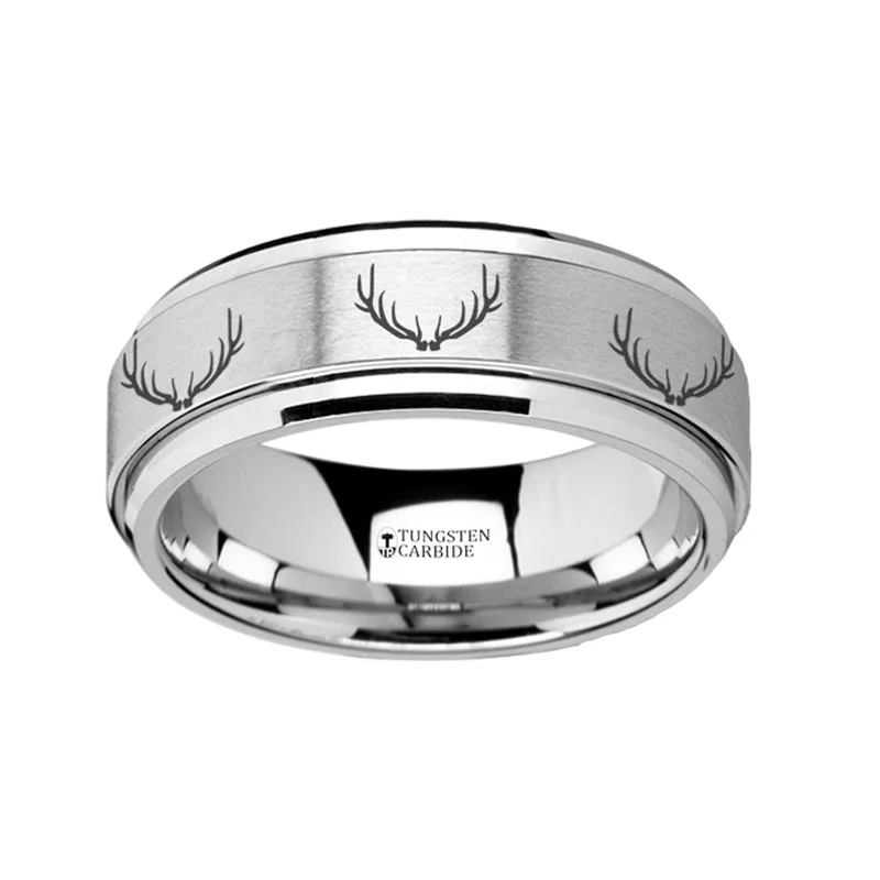 Double band ladies rings-Deer Antlers Engraved Spinner Tungsten Wedding Band