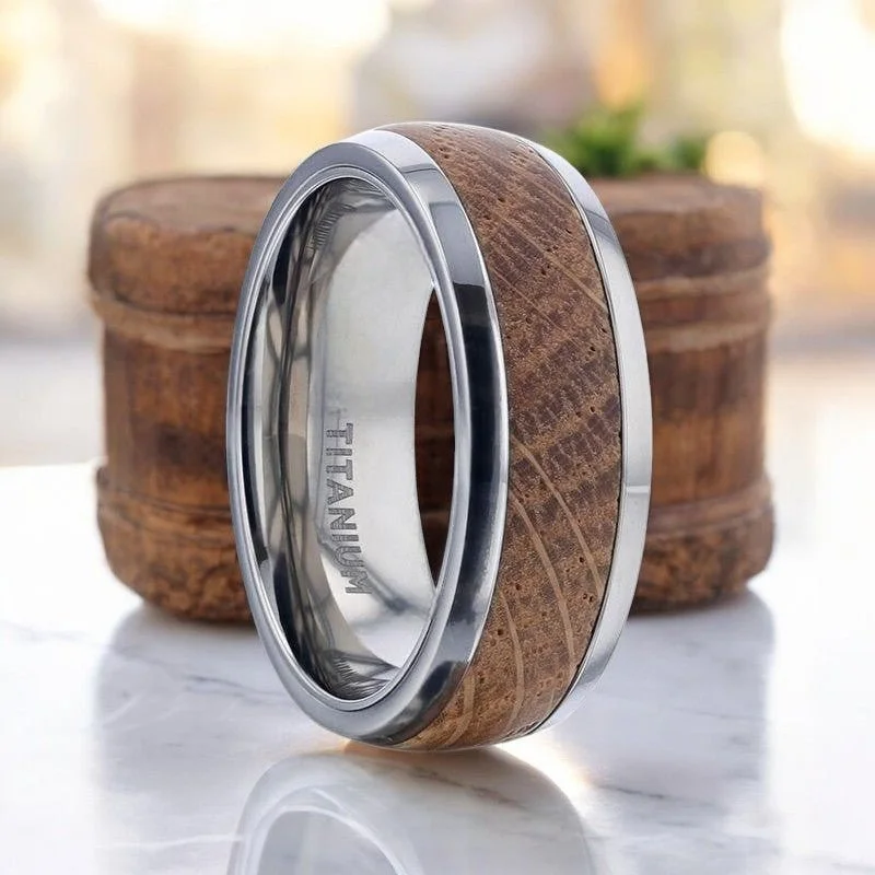 Wedding rings for women-STAVE | Silver Titanium Ring, Whiskey Barrel Wood Inlay, Domed