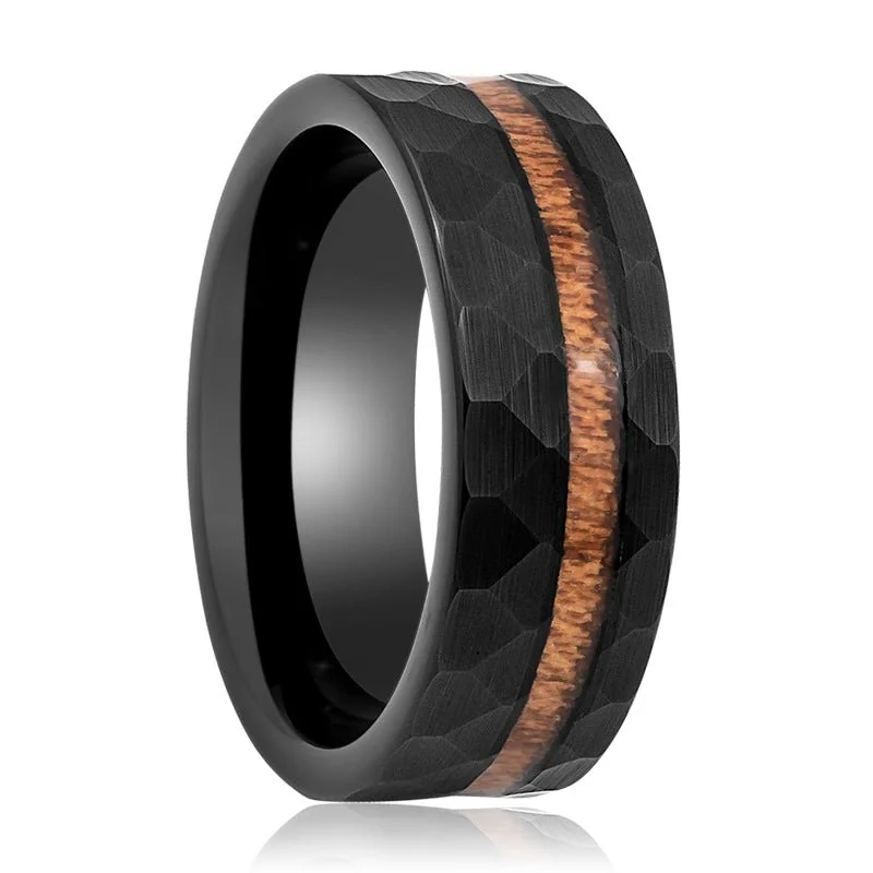 Rose gold ladies rings for women-INFERNAL | Black Tungsten Ring, Hammered, Koa Wood Inlay, Flat