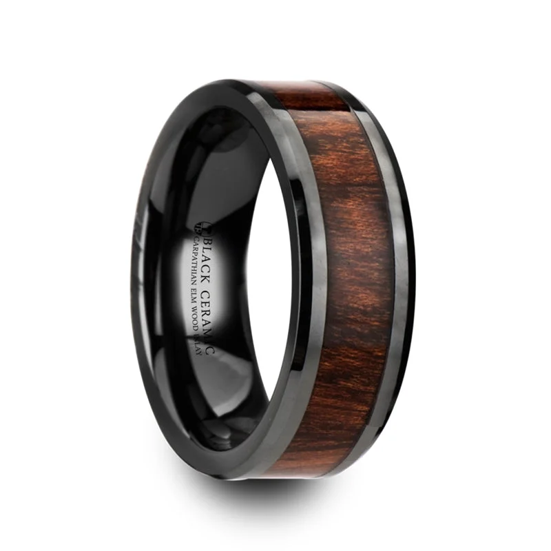 Ladies rings with turquoise-Black Ceramic Wedding Band with Carpathian Wood Inlay