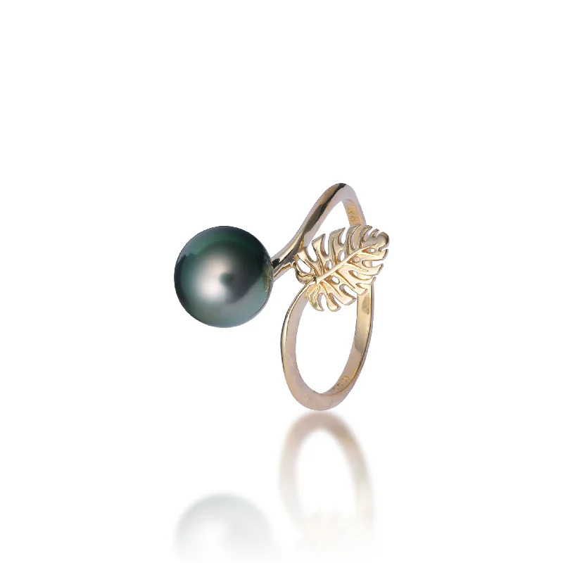 Rose gold ladies rings for women-Monstera Tahitian Black Pearl Ring in Gold