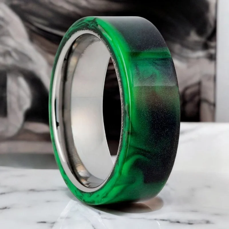 Women’s rings with colored diamonds-GREENFIRE | Silver Tungsten Ring, Black and Green Resin Inlay