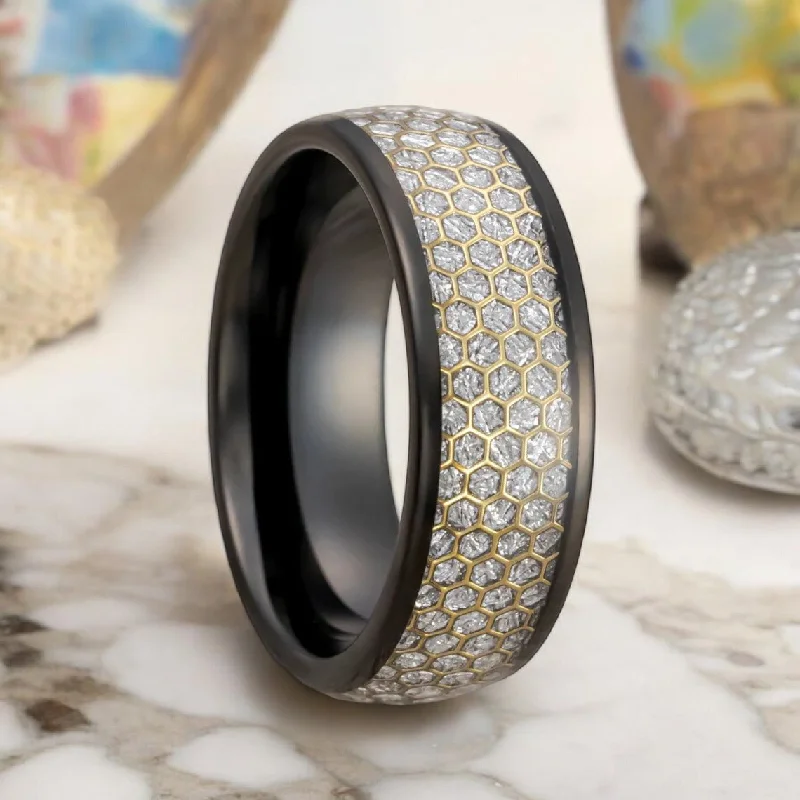 Simple silver ladies rings-AMANA | Black Tungsten Ring, Meteorite Inlay, Gold Honeycomb Design, Domed