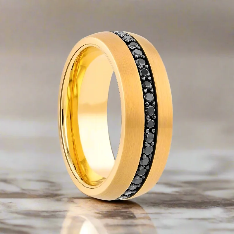 Platinum ladies rings with diamonds-AURYN | Gold Tungsten Ring, Black Sapphires, Domed