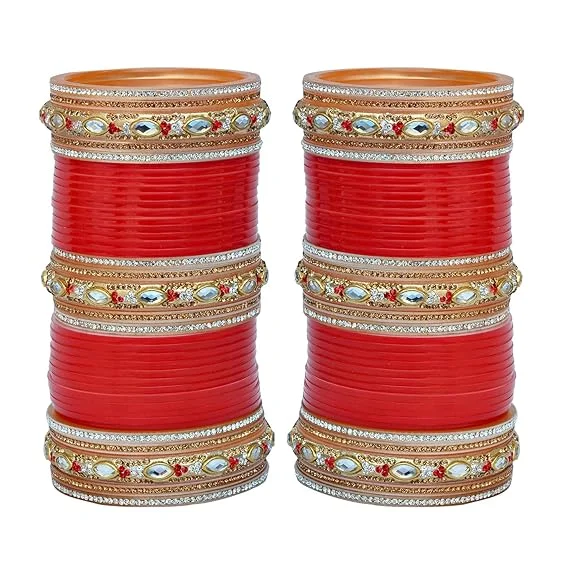 Fashionable gold bangles for casual wear-Tehzeeb Creations Bridal Bangle Set Red Golden & White Stone Chura Designer Fashion Choora Punjabi Chuda Set