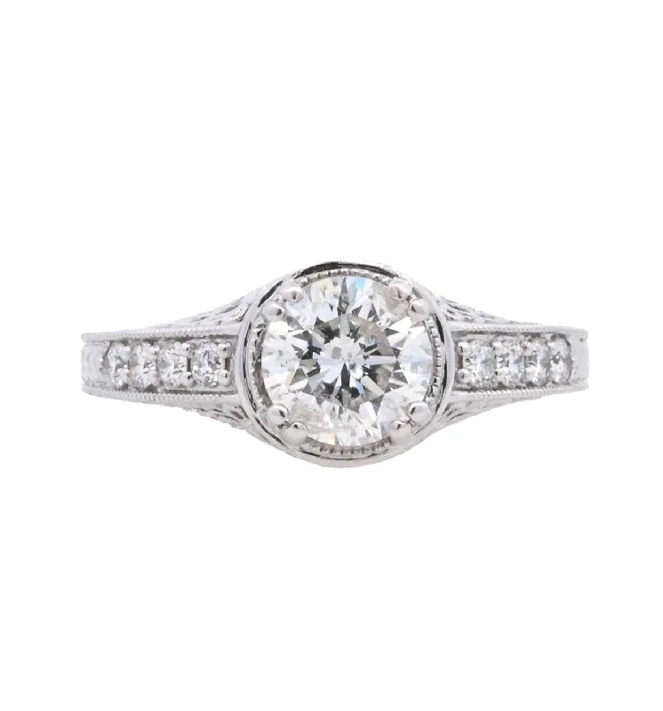 Vintage-inspired engagement rings for women-18K White Round Diamond 1.02Ct Vintage Engagement Ring