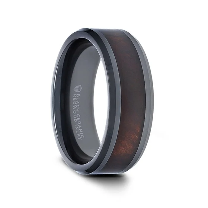 Ladies rings with sapphires and diamonds-Black Ceramic Wedding Band with Redwood Inlay