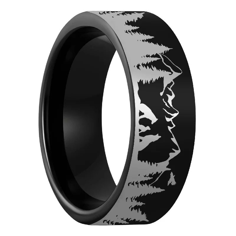 High-end diamond ladies rings-Wolf Landscape Scene Black Tungsten Men's Wedding Band