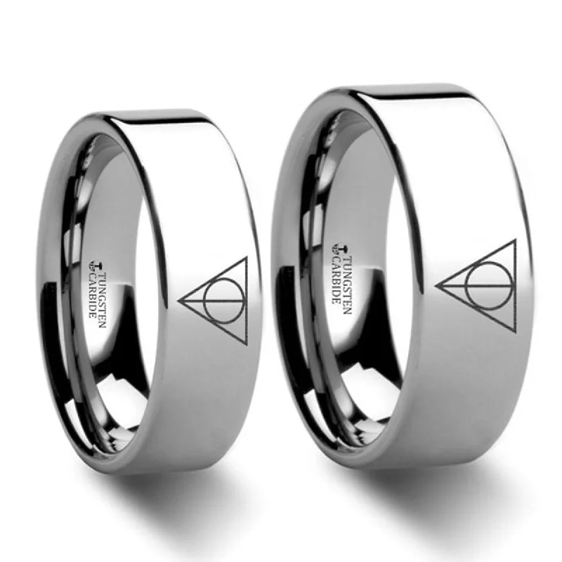 Affordable fashion ladies rings-Harry Potter Deathly Hallows Tungsten Couple's Matching Wedding Band Set