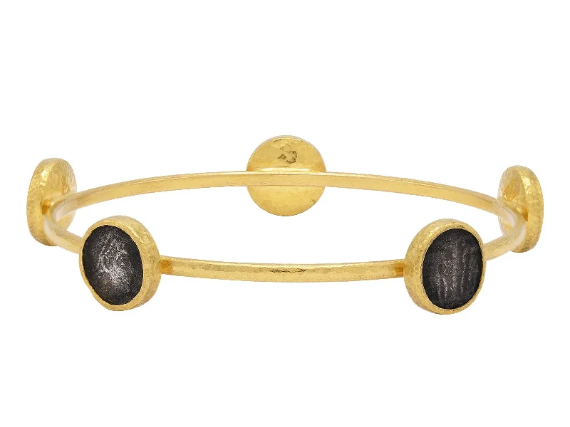 Classic silver bangles for daily wear-Gold Stacking Bangle with Round Coin Stations