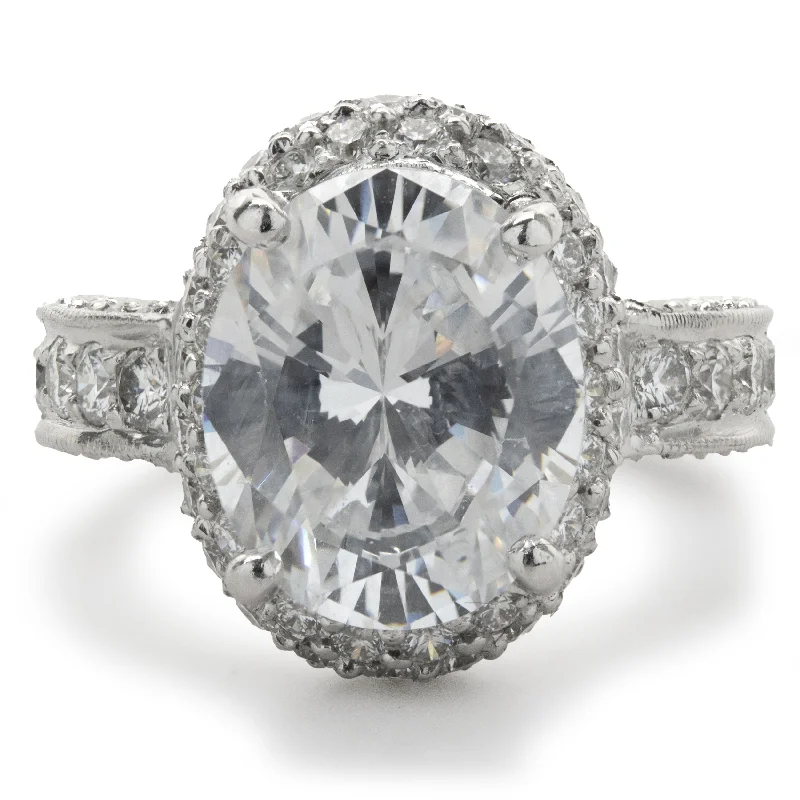 Engagement rings with diamond pavé-14 Karat White Gold Pave Diamond Semi Mount with Oval CZ Center