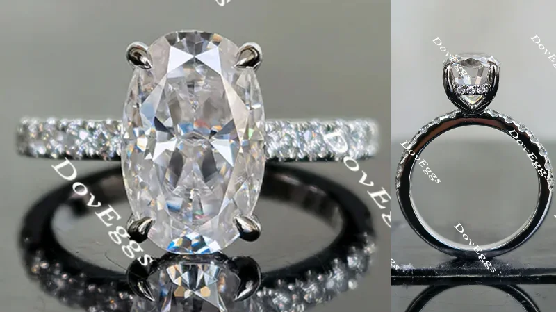 Engagement rings with colored gemstones-Doveggs half eternity paved elongated oval moissanite engagement ring