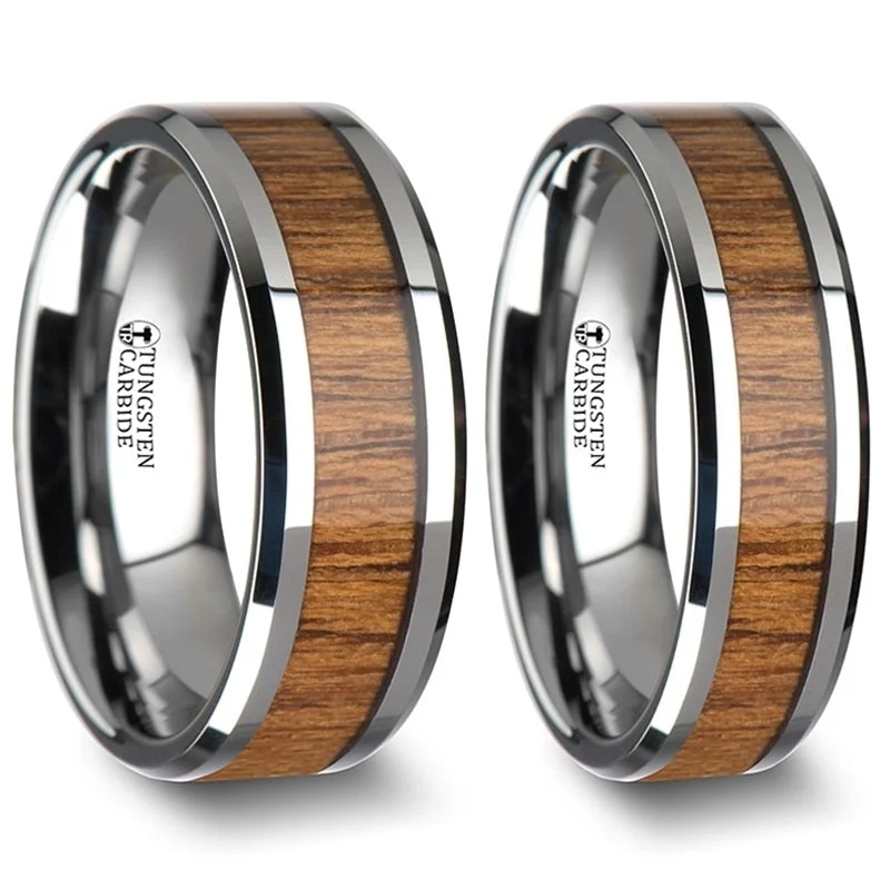 Ladies rings with turquoise-Teak Wood Inlay Tungsten Couple's Matching Wedding Band Set