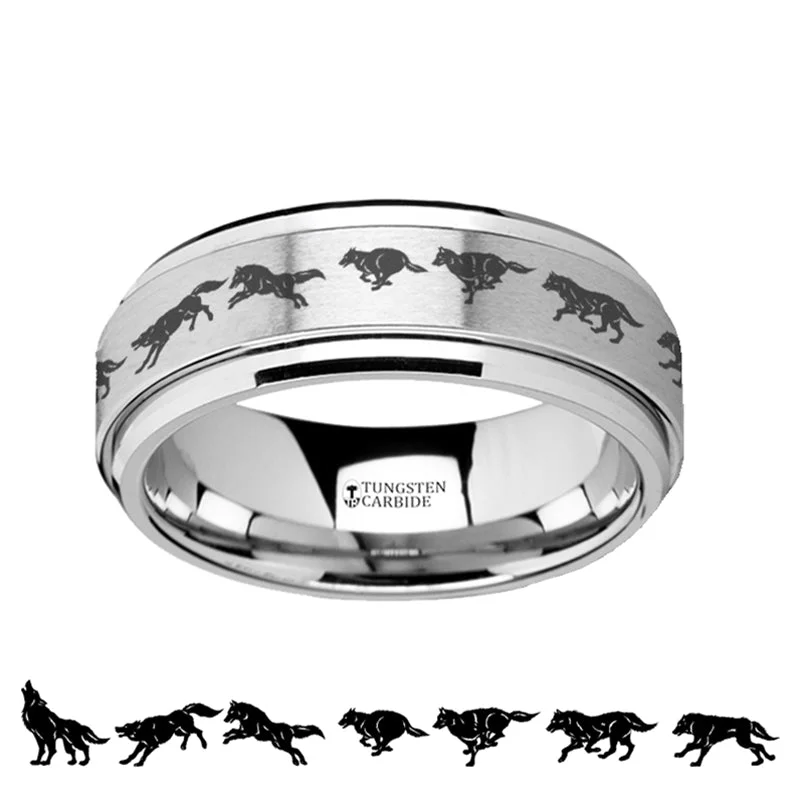 Classic solitaire ladies rings-Running Wolf Engraved Spinner Tungsten Wedding Band