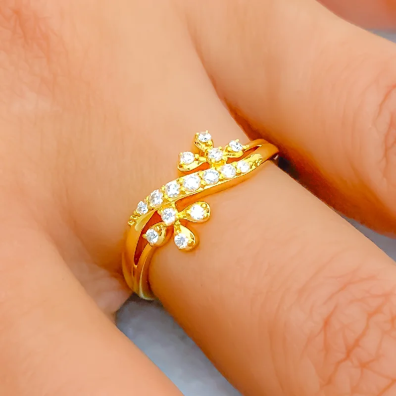 Simple silver ladies rings-Delicate Sparkling Semi Floral + 18k Gold Ring