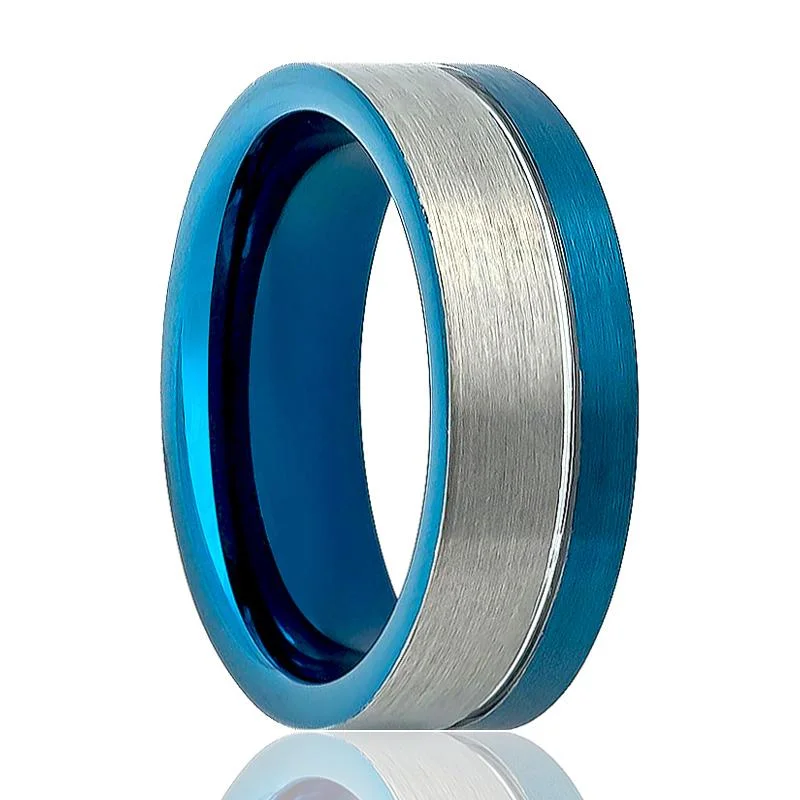 Ladies rings with emerald stones-POLAR | Blue Tungsten Ring, Silver Brushed, Off Center Blue Groove, Flat