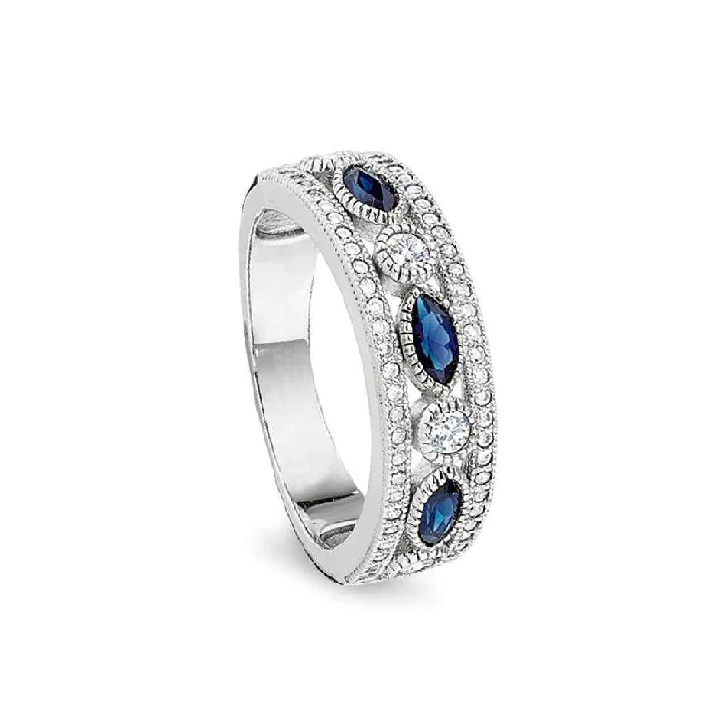 Custom engagement rings with gemstone center-Vintage-Style Ring with Synthetic Blue Sapphire & Simulated Diamonds