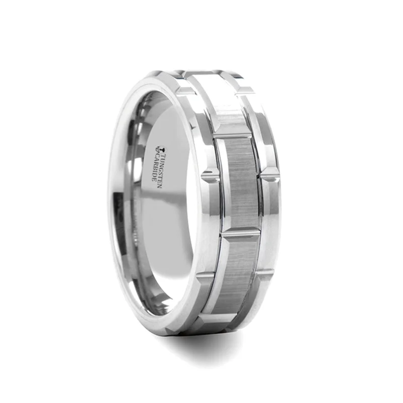 Custom engraved ladies rings-Tungsten Men's Wedding Band with Grooved Pattern