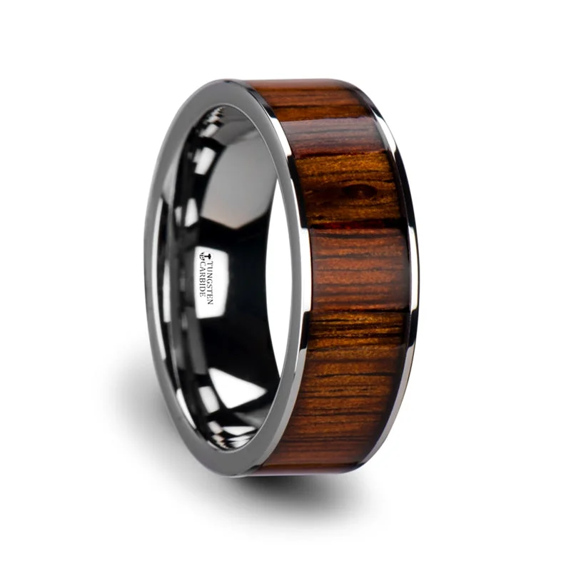 Affordable fashion ladies rings-Tungsten Men's Wedding Band with Koa Wood Inlay