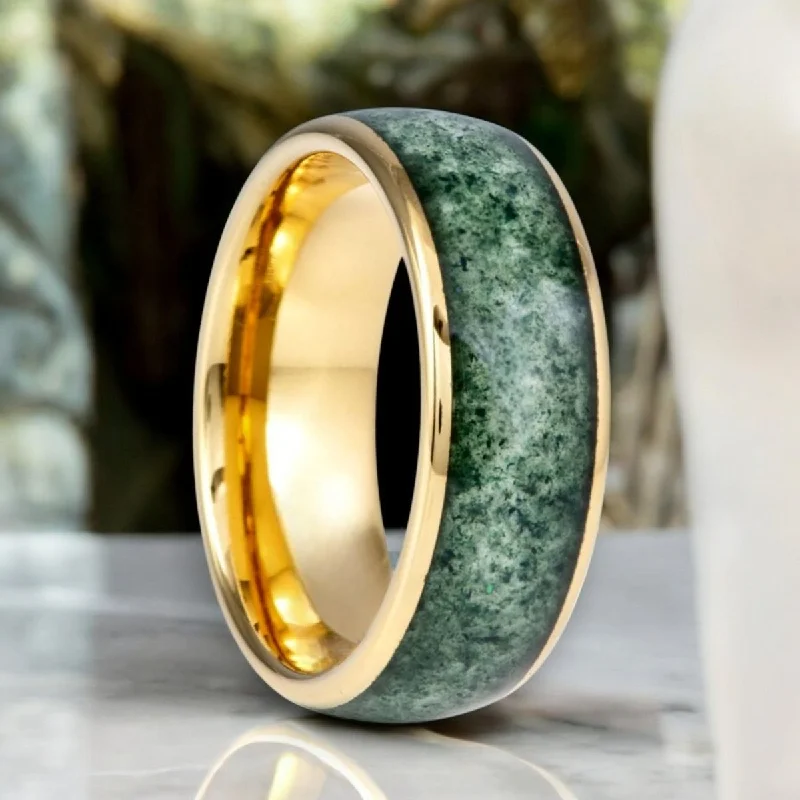 High-quality ladies rings for weddings-MOOSAIRE | Gold Tungsten Ring, Moss Agate Inlay, Domed