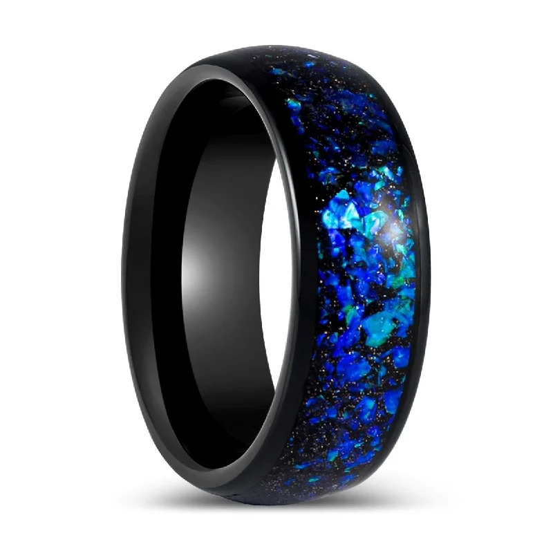 Gold ladies rings for engagement-THANOS | Black Tungsten Ring Blue Opal and Abalone Fragments