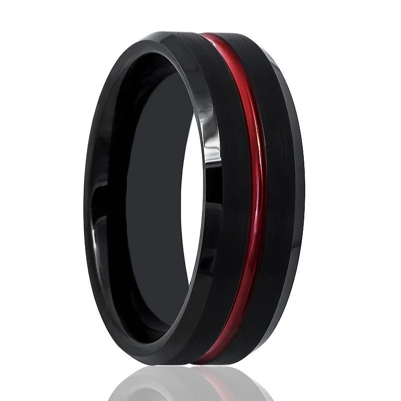 Antique ladies rings with gemstones-ATEN | Black Tungsten Ring, Red Groove, Beveled