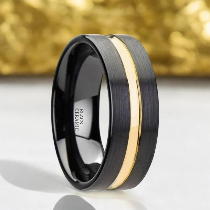 Adjustable size ladies rings-VIVALDI | Black Ceramic Ring, Yellow Gold Groove, Flat