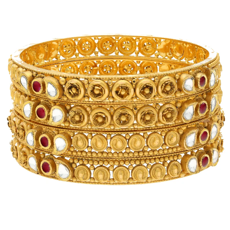 Luxury gold bangles for women-22K Yellow Gold Bangle Set of 4 w/ Kundan & Ruby (79gm)