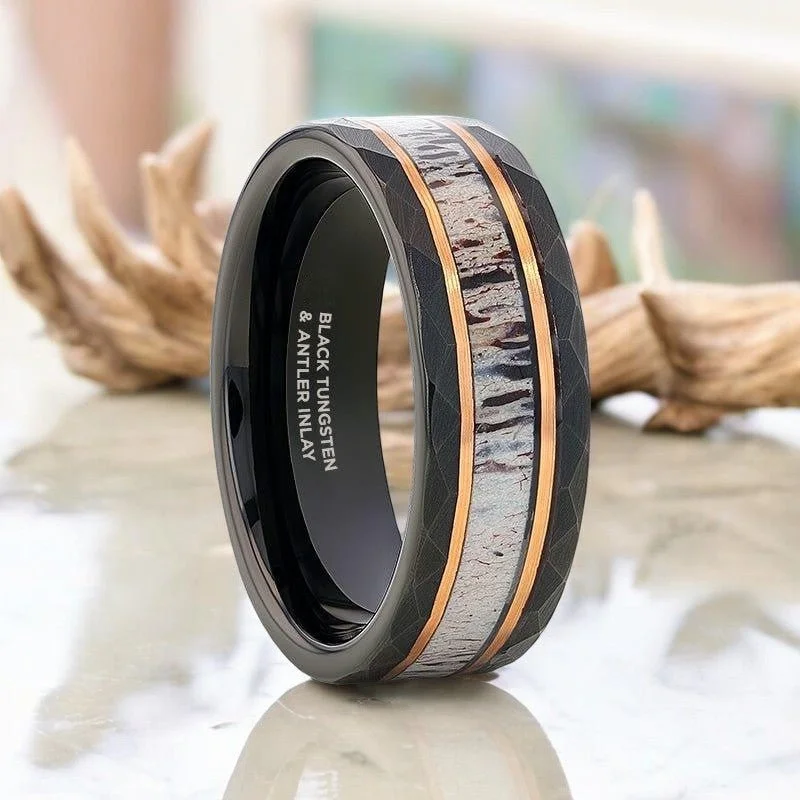 Stylish silver ladies rings-RUSTIC | Black Tungsten Ring, Deer Antler Inlay and Hammered Edges