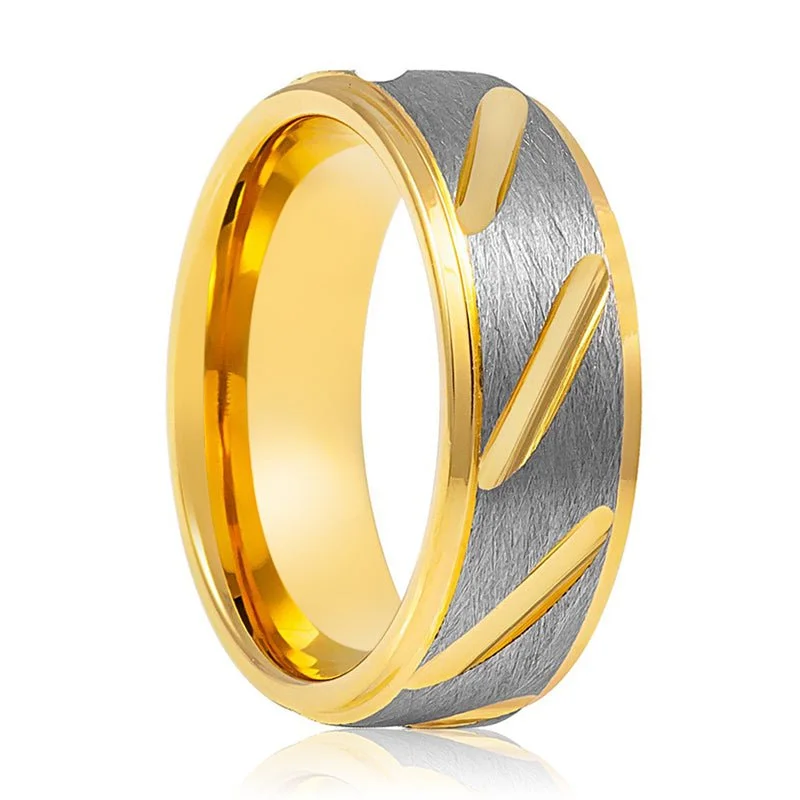 Designer ladies rings for brides-TASOS | Tungsten Ring Gray & Yellow Notched