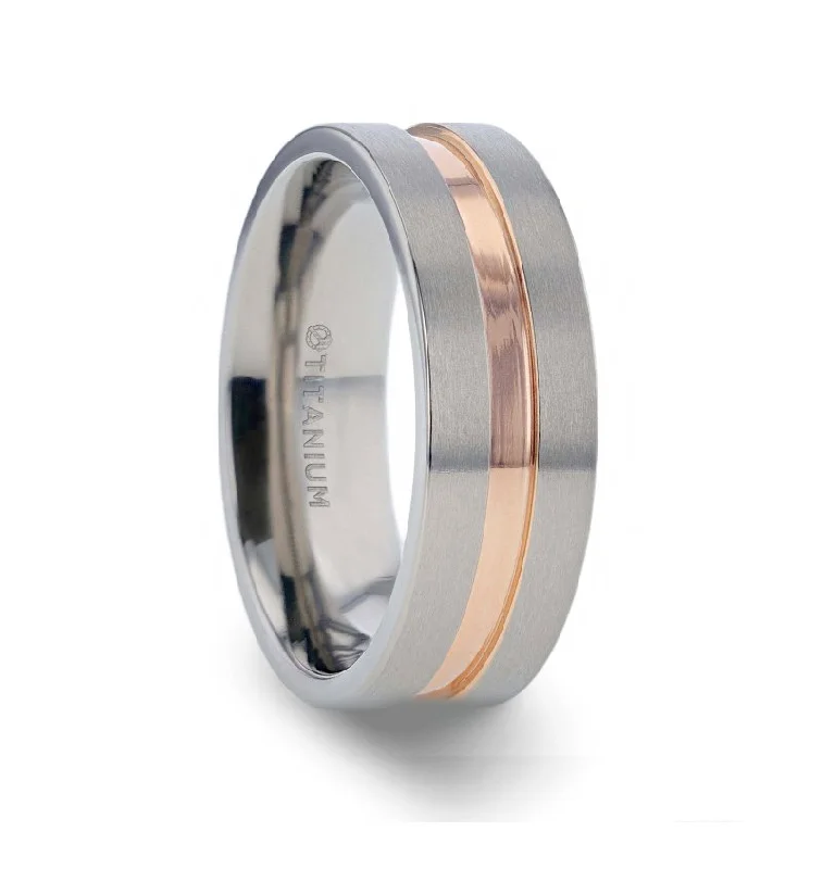 Wedding rings with emerald stones-MARS | Titanium Ring Rose Gold Groove