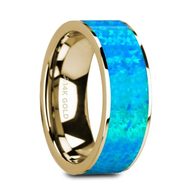 Statement ladies rings for fashion-Blue Opal Inlay 14k Yellow Gold Men's Wedding Band