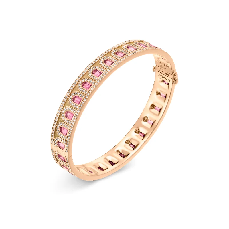 Simple and elegant bangles for women-L'Arc Deco Bangle in 18k Rose Gold with DAVIDOR Arch Cut Rubellites and Brilliant Diamonds