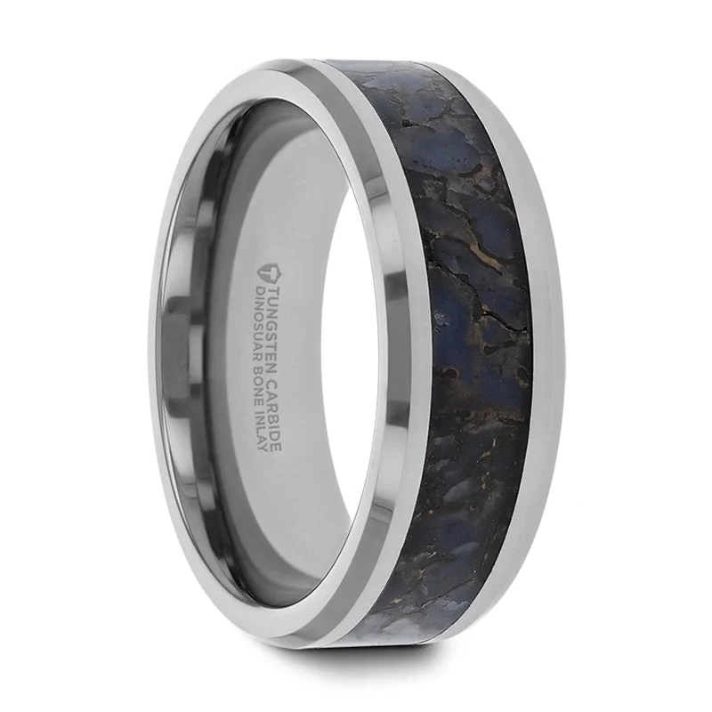 Ethically sourced diamond ladies rings-Tungsten Men's Wedding Band with Blue Dinosaur Bone Inlay