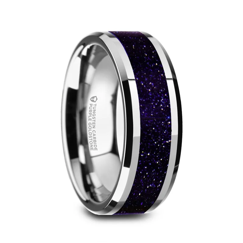 Designer ladies rings for special occasions-Tungsten Men's Wedding Band with Purple Goldstone Inlay