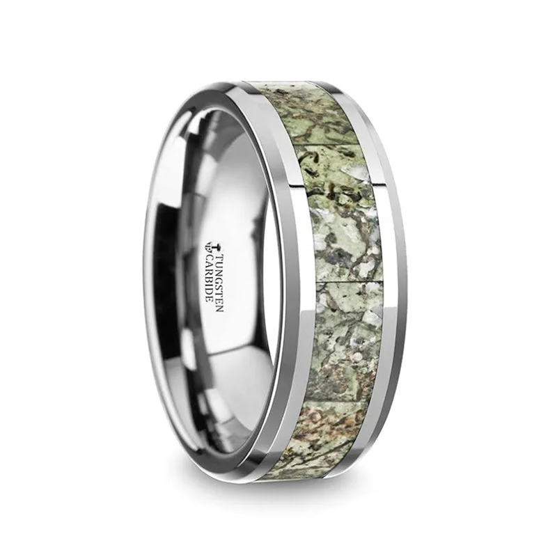 Ethically sourced diamond ladies rings-Tungsten Men's Wedding Band with Green Dinosaur Bone Inlay