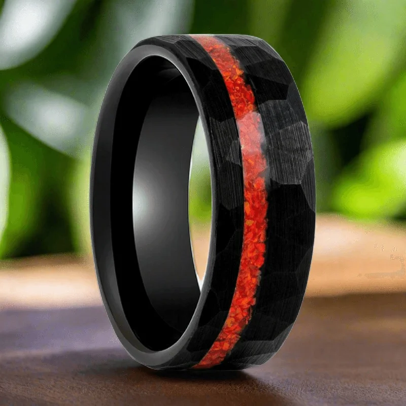 Large gemstone ladies rings-CRIMSONITE | Black Tungsten Ring, Hammered, Orange Opal Inlay, Flat