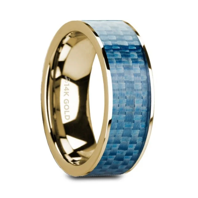 Wedding ladies rings with diamonds-Blue Carbon Fiber Inlay 14k Yellow Gold Men's Wedding Band