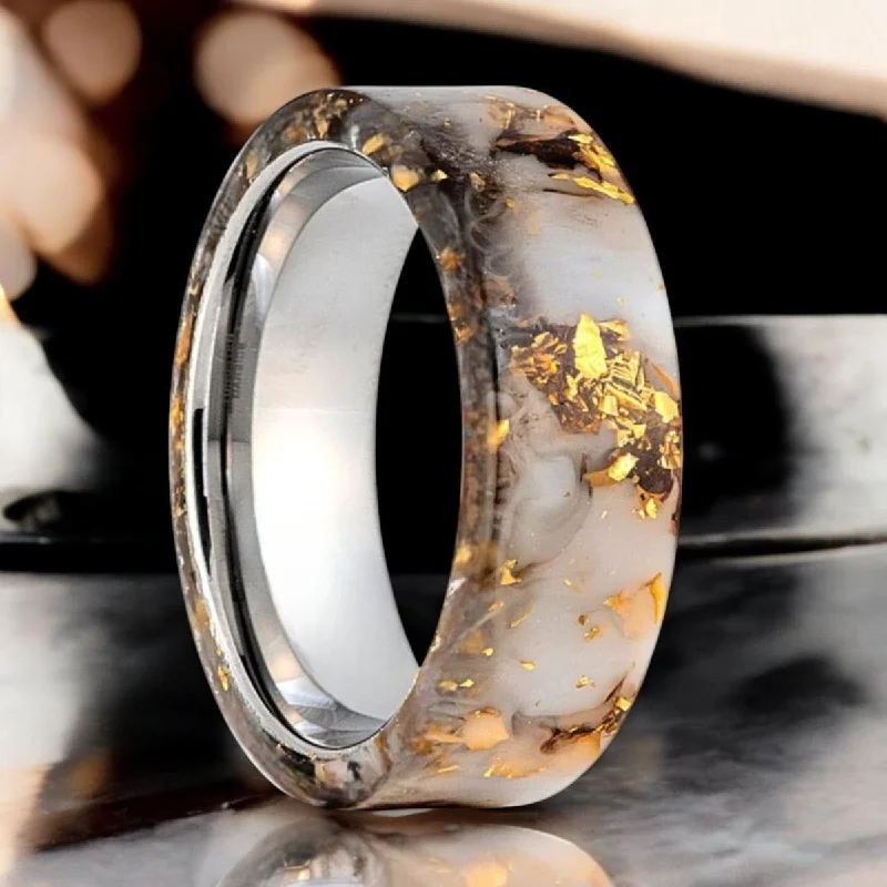 Unique wedding band rings for women-AURIC | Silver Tungsten Ring, White/Black and Gold Foil Resin Inlay