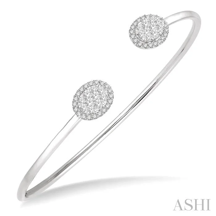 Designer ladies bracelets with diamonds-STACKABLE OVAL SHAPE HALO LOVEBRIGHT ESSENTIAL DIAMOND OPEN CUFF BANGLE