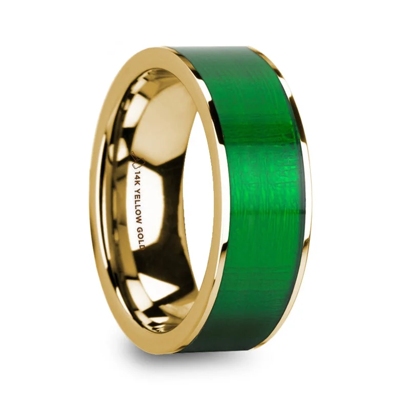 Heart shaped ladies rings-14k Yellow Gold Men's Wedding Band with Textured Green Inlay