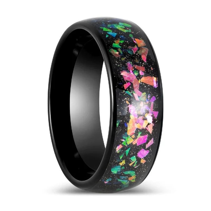 Vintage ladies rings with gemstones-BALATON | Black Tungsten Ring with Synthetic Opal Inlay