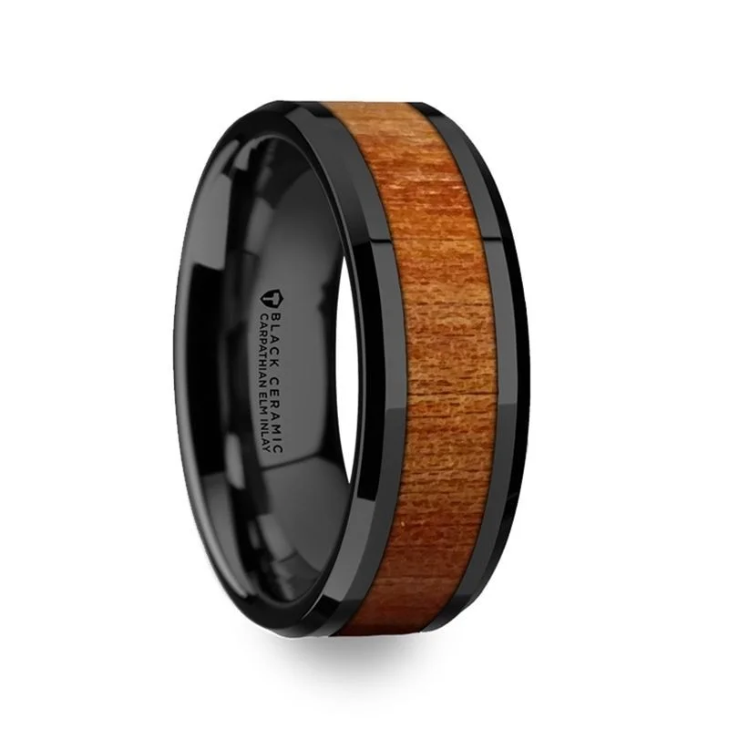 Unique wedding rings for women-THRACIAN | Black Ceramic Ring, Carpathian Wood Inlay, Beveled