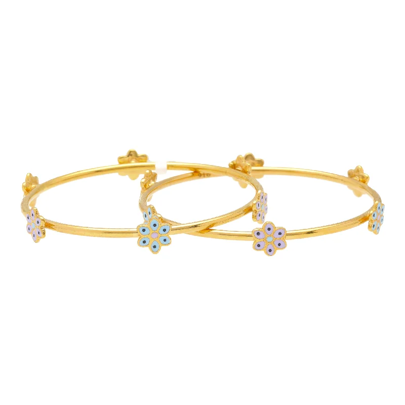 Personalized gold bangles for gifts-22K Yellow Gold Kid’s Bangle Set with Flower Designs (12.1gm)